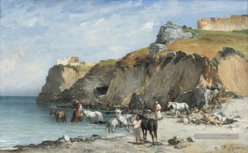  cavaliers Tableaux - L’arrêt des cavaliers sur la plage Victor Huguet orientaliste